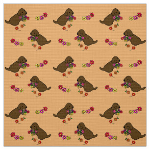 Chocolate Lab Puppy Flower Basket Cartoon Fabric