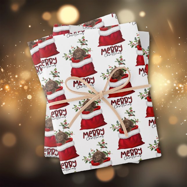 Chocolate Lab Puppy in Holiday Gift Bag Wrapping Paper Sheet (Creator Uploaded)