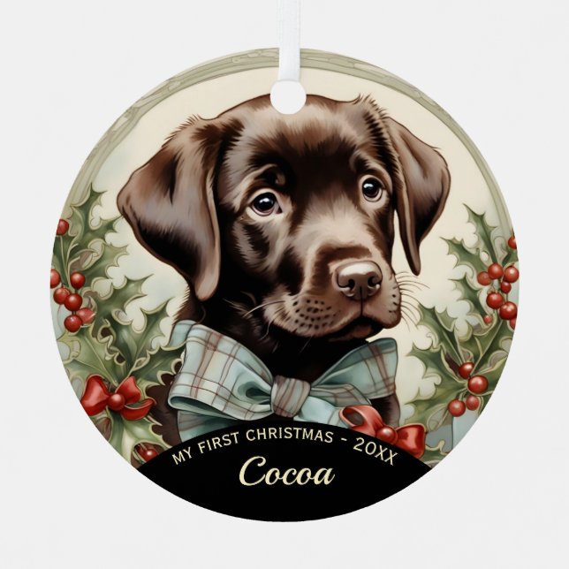 Chocolate Lab Puppy's First Christmas Ornament (Front)