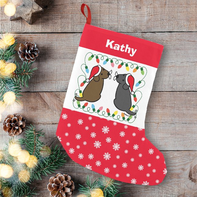 Chocolate Labrador and Black Labrador Santas Small Christmas Stocking (Personalized Chocolate Labrador and Black Labrador Santas Christmas Stocking for Labrador Owners.)