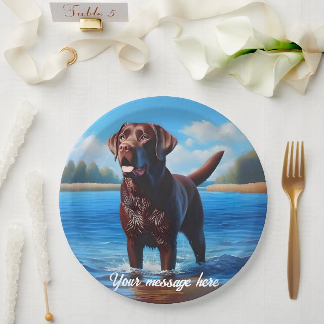 Chocolate Labrador and Blue Lake Paper Plate (Wedding)