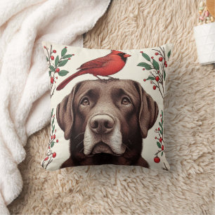 Chocolate labrador and cardinal throw pillow