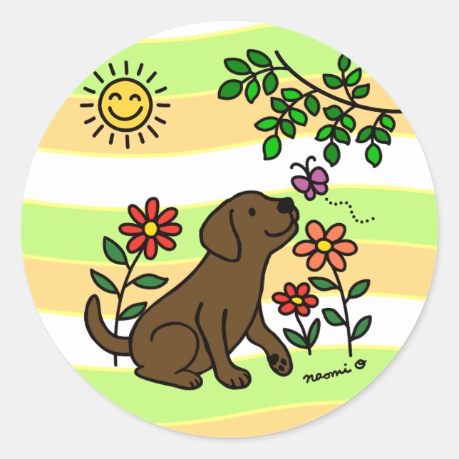 Chocolate Labrador and Green Classic Round Sticker (Front)