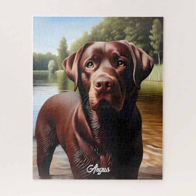 Chocolate Labrador and Lake Jigsaw Puzzle (Vertical)