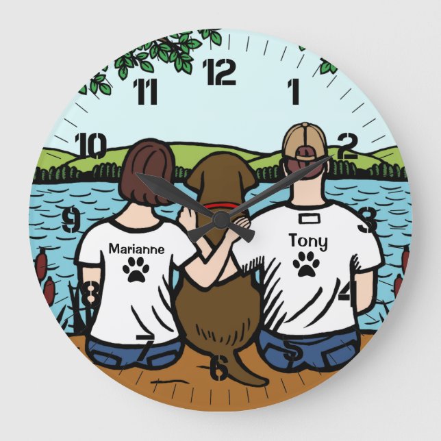Chocolate Labrador and Mom and Dad Large Clock (Front)