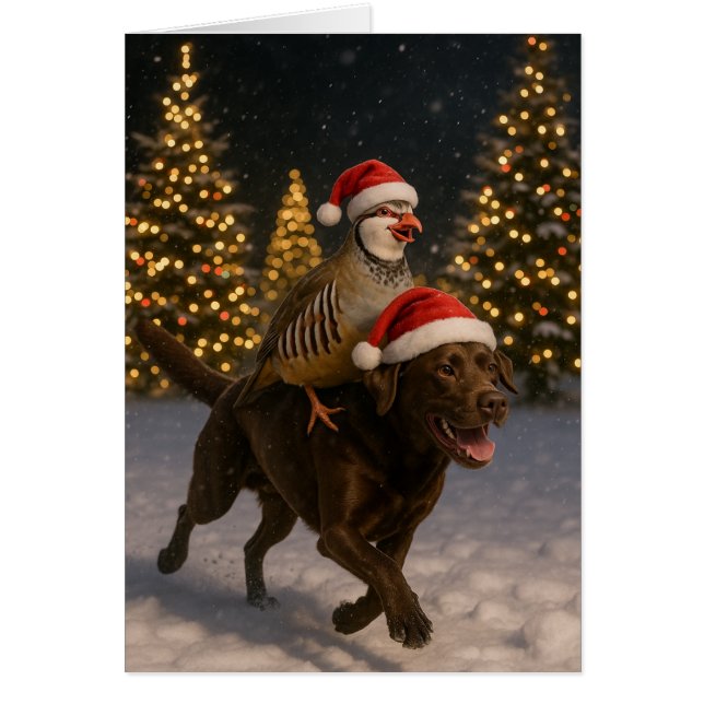 Chocolate  Labrador and Partridge Christmas card (Devant)