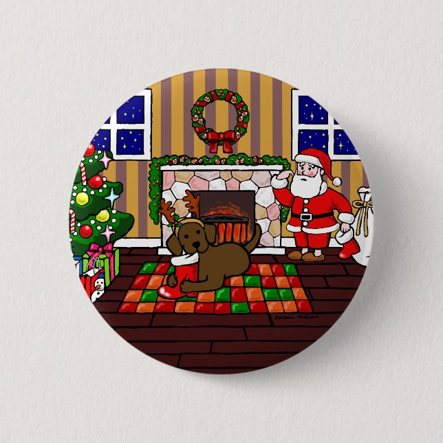 Chocolate Labrador and Santa Christmas Cartoon 2 Inch Round Button (Front)