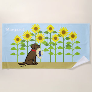 Chocolate Labrador and Sunflowers Summer Beach Towel