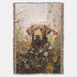 Chocolate Labrador and Wildflowers Throw Blanket