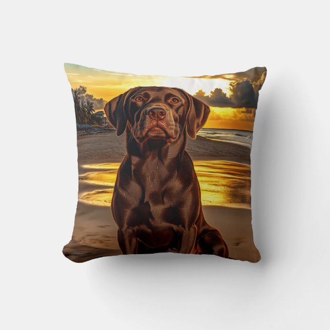 Chocolate Labrador at Sunset Throw Pillow (Front)
