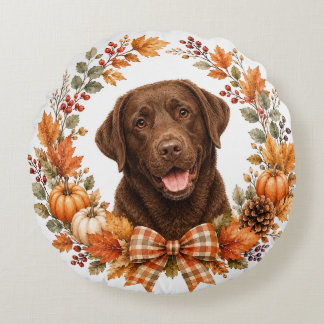 Chocolate Labrador Autumn Round Pillow