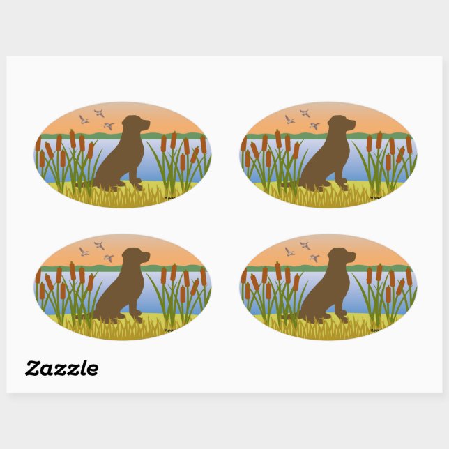 Chocolate Labrador Bird Dog Sunset Oval Sticker (Sheet)