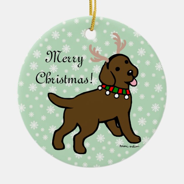 Chocolate Labrador Christmas Antlers Ceramic Ornament (Front)