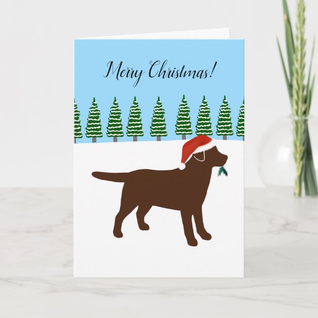 Chocolate Labrador Christmas Evergreen Santa Hat Holiday Card (Front)