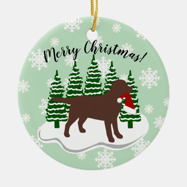 Chocolate Labrador Christmas Evergreen Snowflakes Ceramic Ornament (Front)
