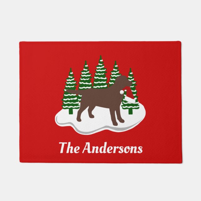 Chocolate Labrador Christmas Evergreen Trees Doormat (Front)