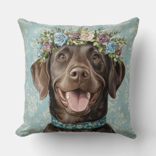 Chocolate Labrador Dog Blue Floral Throw Pillow