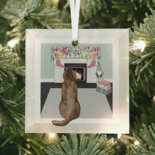 Chocolate Labrador Dog Christmas Fireplace Scene Glass Ornament