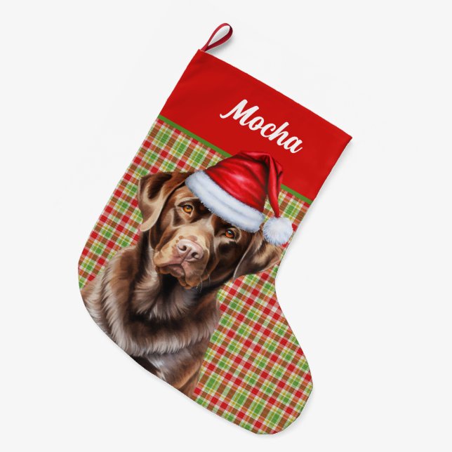 Chocolate Labrador Dog Holiday Plaid Personalized Large Christmas Stocking (Front (Hanging))