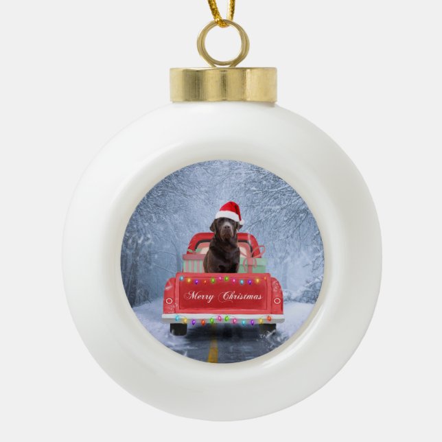 Chocolate Labrador Dog in Snow Christmas Car  Ceramic Ball Christmas Ornament (Front)