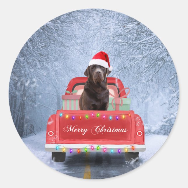 Chocolate Labrador Dog in Snow Christmas Car  Classic Round Sticker (Front)
