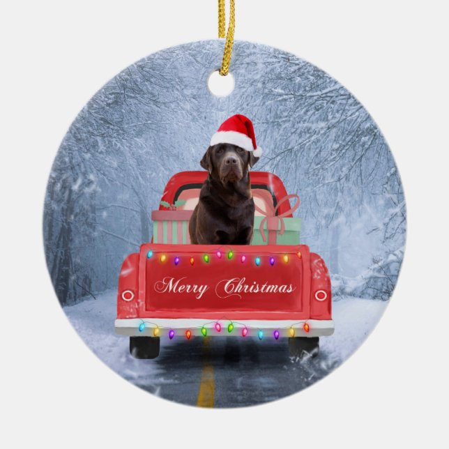 Chocolate Labrador Dog in Snow Christmas Ceramic Ornament (Front)