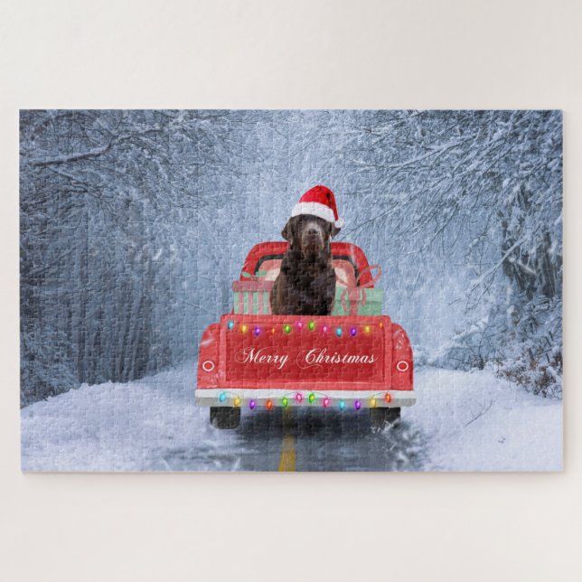 Chocolate Labrador Dog in Snow in Christmas Jigsaw Puzzle (Horizontal)