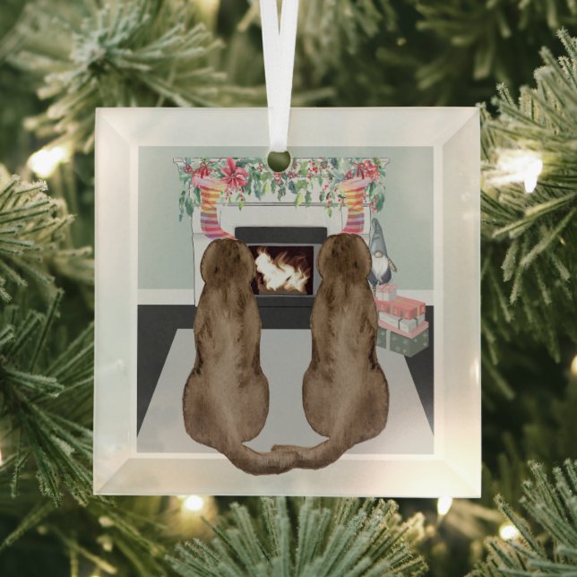 Chocolate Labrador Dogs Christmas Fireplace Scene Glass Ornament (Insitu)