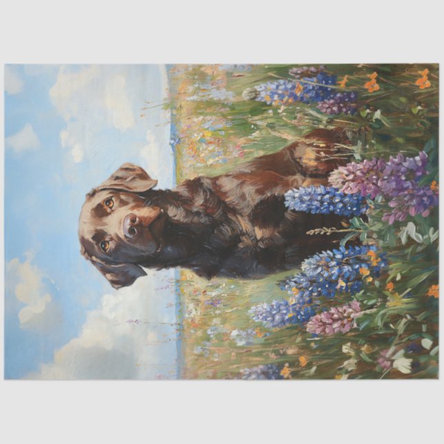 Chocolate Labrador Lupine Flowers Decoupage Tissue Paper (Front)