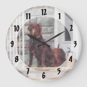 Chocolate Labrador on Porch Large Clock