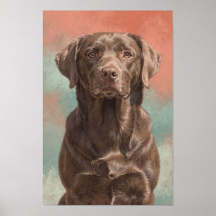 Chocolate Labrador Portrait in Coral Poster
