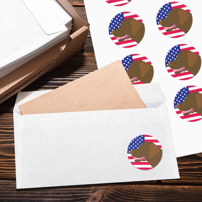 Chocolate Labrador Profile US Flag  Classic Round Sticker (Chocolate Labrador Profile US Flag Stickers for Labrador Owners in the US.  Sweet expression of Lab.)