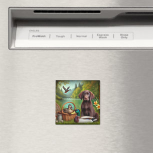 Chocolate Labrador Puppy by a Lake with Ducks Magnet