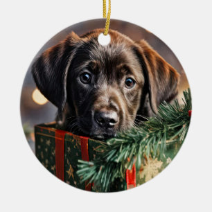 Chocolate Labrador Puppy Christmas Ceramic Ornament