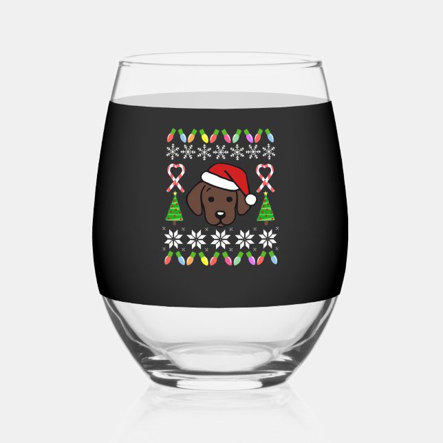 Chocolate Labrador Puppy Christmas Santa Oversized Stemless Wine Glass (Front)
