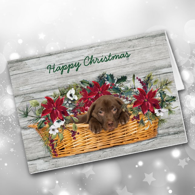 Chocolate Labrador Puppy in Basket Christmas Card (Creator Uploaded)