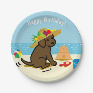 Chocolate Labrador Puppy Straw Hat Birthday Paper Plate