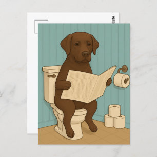 Chocolate Labrador Reading Newspaper on Toilet Postcard