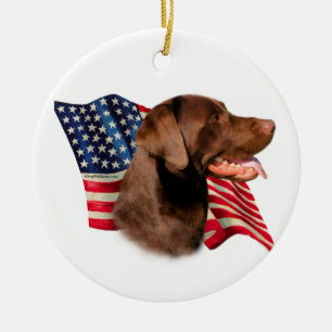Chocolate Labrador Retriever American Flag Ceramic Ornament