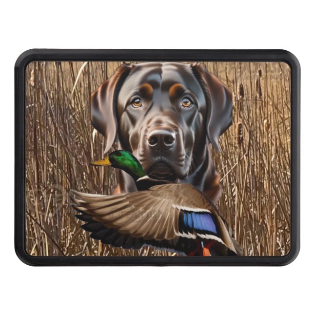 Chocolate Labrador Retriever and Flying Mallard Trailer Hitch Cover (Front)
