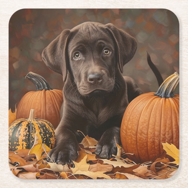 Chocolate Labrador Retriever Autumn Square Paper Coaster (Front)