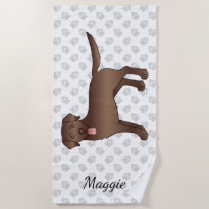 Chocolate Labrador Retriever Cartoon Dog & Name Beach Towel