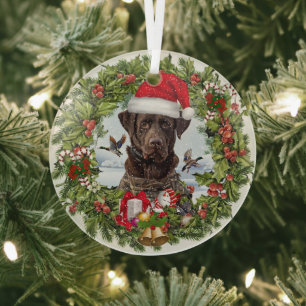 Chocolate Labrador Retriever, Christmas wreath Glass Ornament