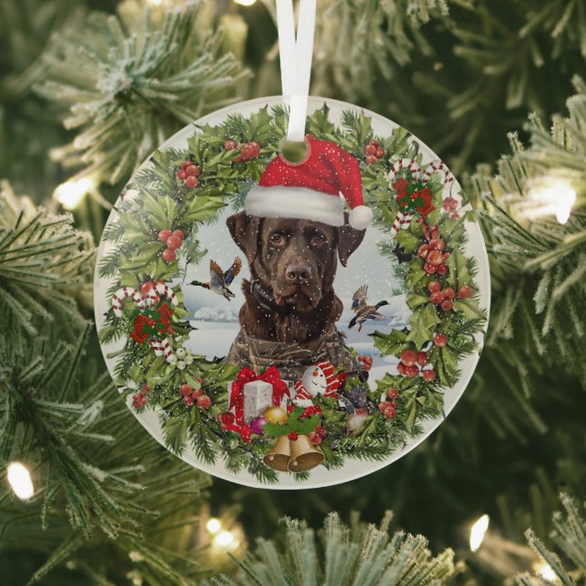 Chocolate Labrador Retriever,  Christmas wreath  Glass Ornament (Insitu)