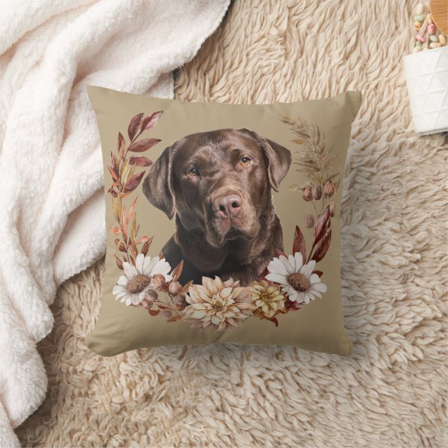 Chocolate Labrador Retriever Dog Autumn Wreath Throw Pillow (Blanket)