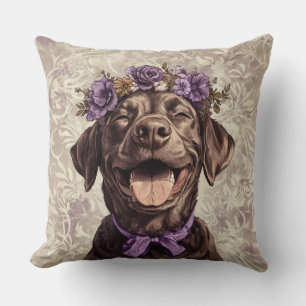 Chocolate Labrador Retriever Dog Purple Floral Throw Pillow