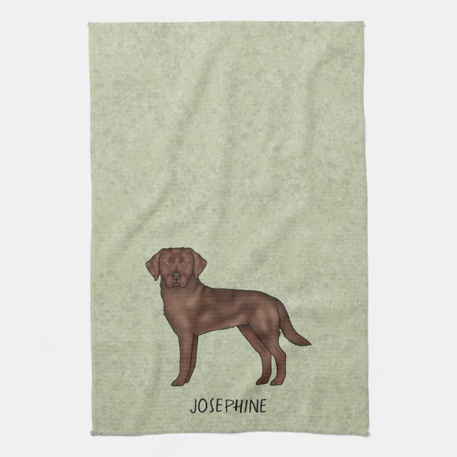 Chocolate Labrador Retriever Lab Custom Name Green Kitchen Towel (Vertical)