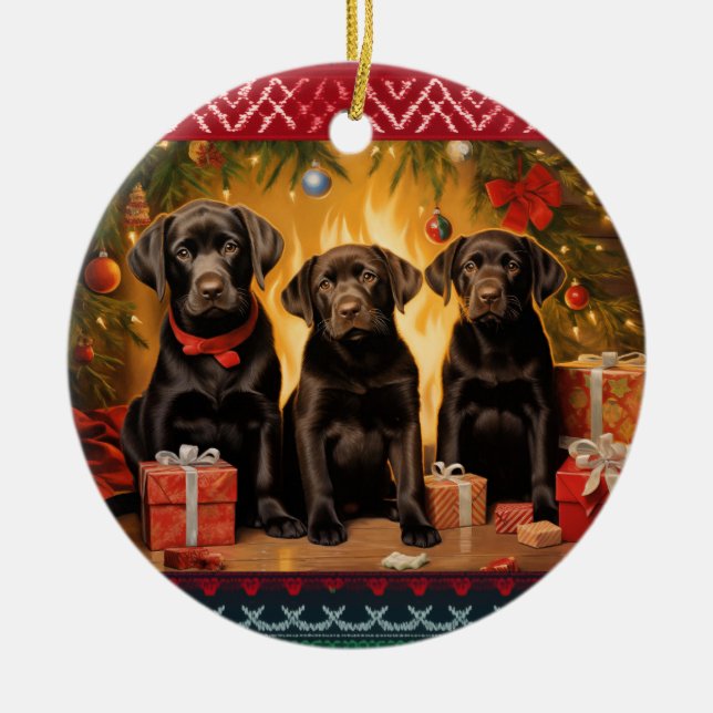 Chocolate Labrador Retriever puppies Christmas Ceramic Ornament (Front)