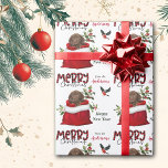 Chocolate Labrador Retriever Puppy in Gift Bag Wrapping Paper<br><div class="desc">The repeated pattern on this cute Christmas wrapping paper is an image of an adorable Chocolate Labrador Retriever puppy peeking out from a red and white Holiday gift bag. Behind him is a sprig of holly and red berries. A red and black bullfinch bird is about to land. Stylized red...</div>