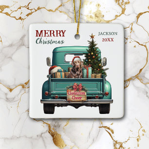 Chocolate Labrador Retriever Retro Truck Christmas Ceramic Ornament